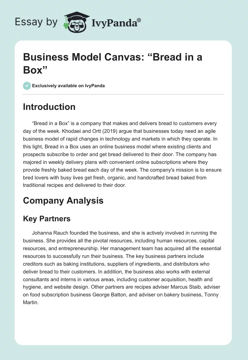 Business Model Canvas: “Bread in a Box”. Page 1