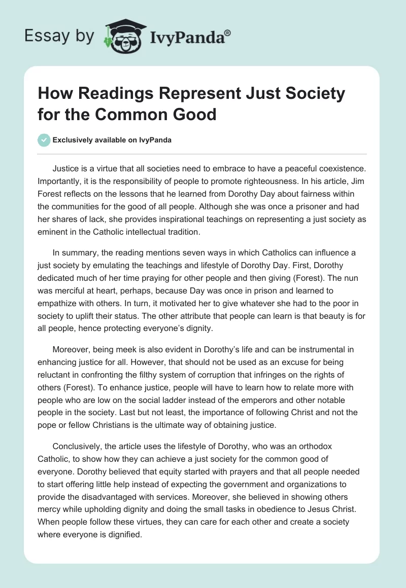 How Readings Represent Just Society for the Common Good. Page 1