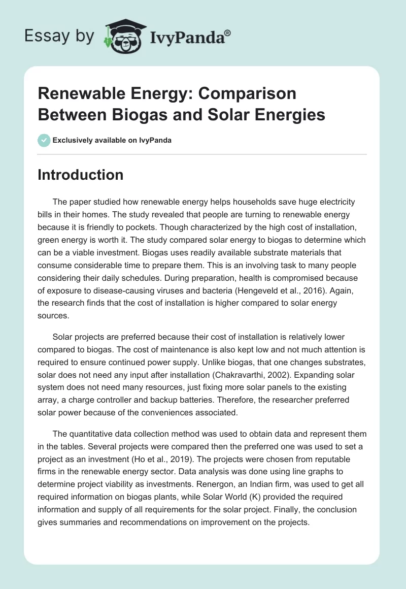 Renewable Energy: Comparison Between Biogas and Solar Energies. Page 1