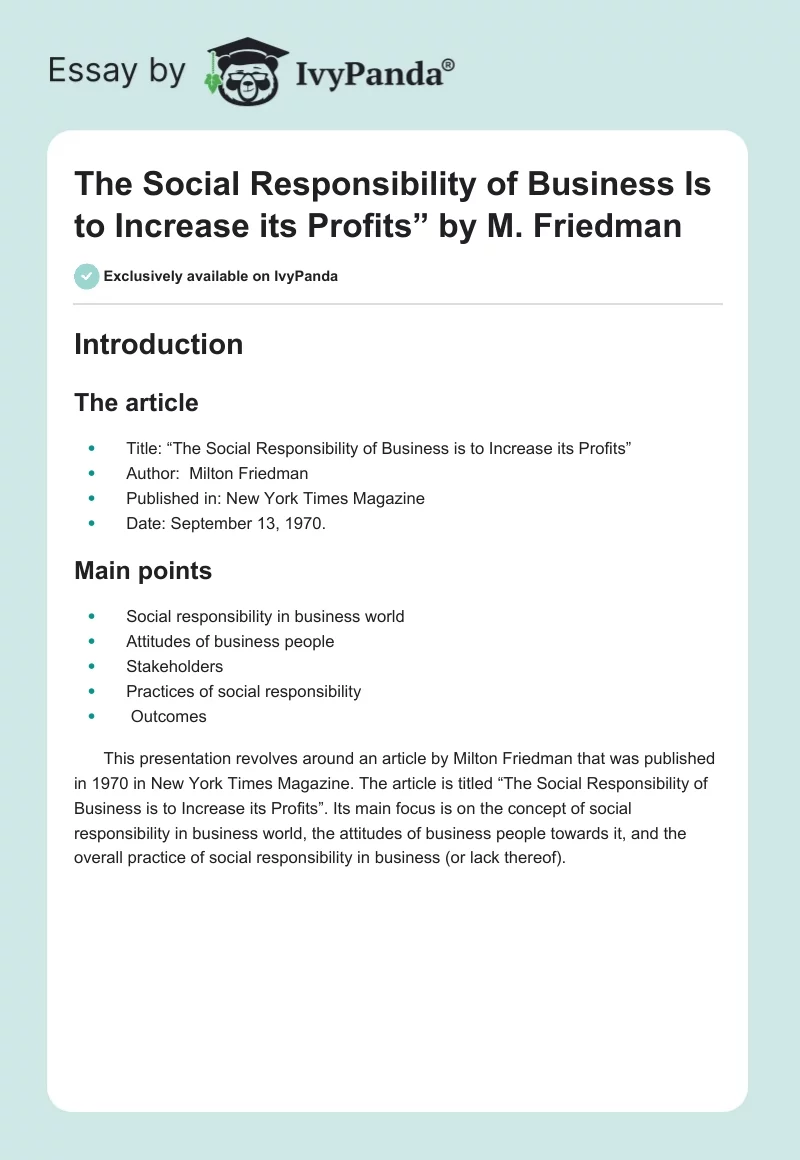 "The Social Responsibility of Business Is to Increase its Profits” by M. Friedman. Page 1