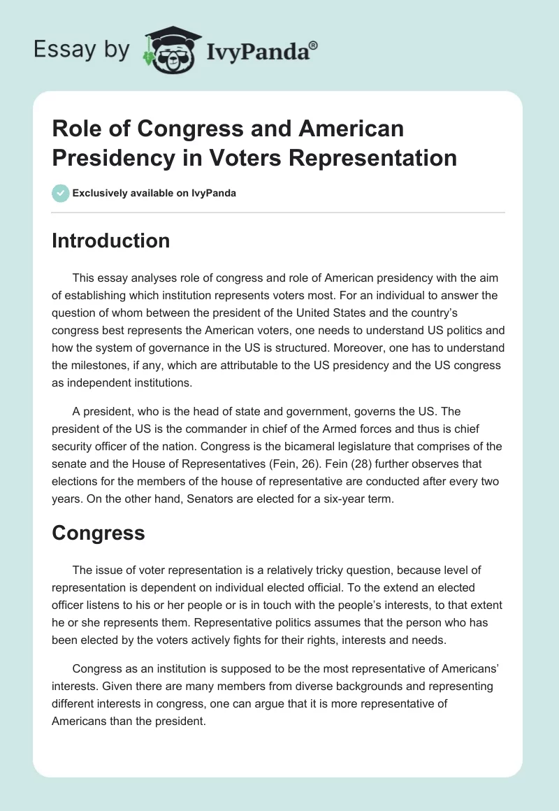 Role of Congress and American Presidency in Voters Representation. Page 1