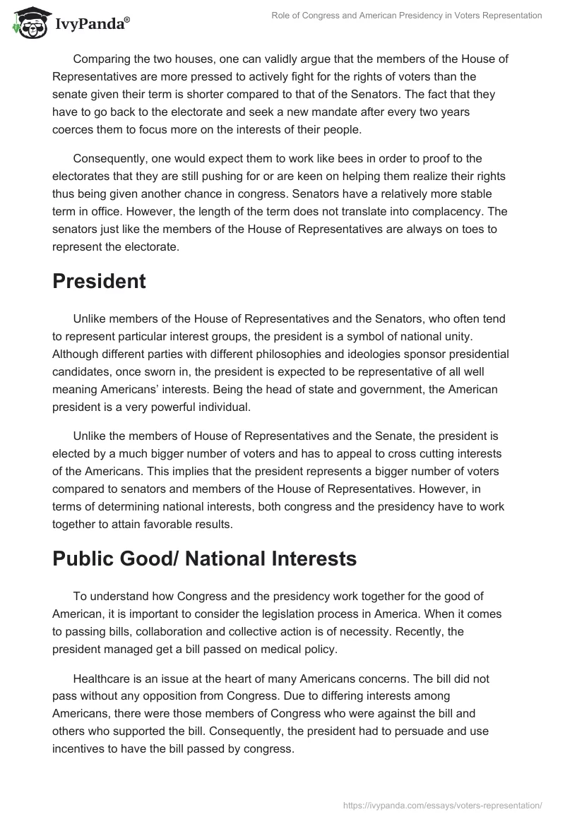 Role of Congress and American Presidency in Voters Representation. Page 2