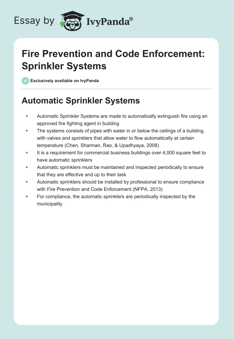 Fire Prevention and Code Enforcement: Sprinkler Systems. Page 1