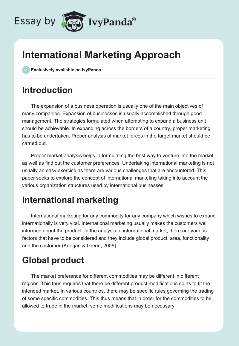 International Marketing Approach. Page 1