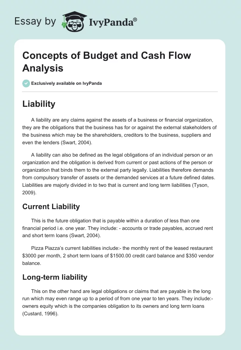 Concepts of Budget and Cash Flow Analysis. Page 1
