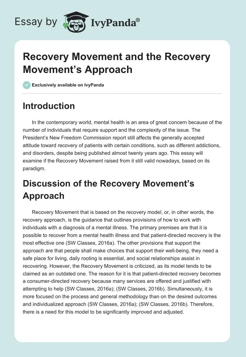 Recovery Movement and the Recovery Movement’s Approach. Page 1