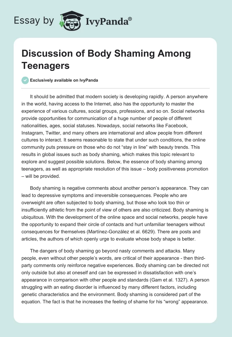 Discussion of Body Shaming Among Teenagers. Page 1
