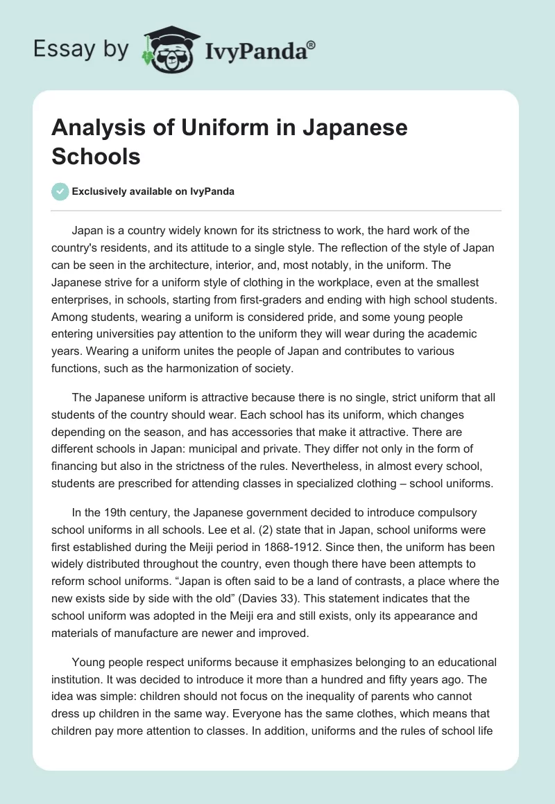 Analysis of Uniform in Japanese Schools. Page 1