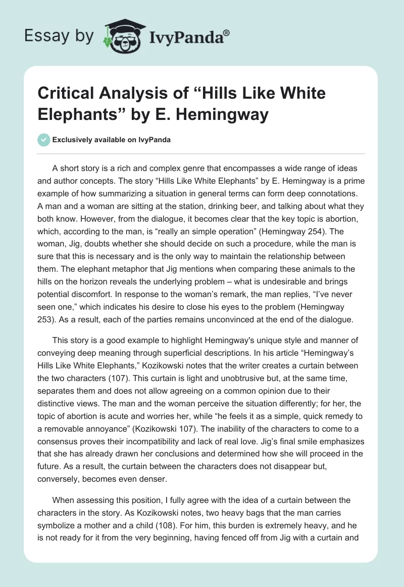 Critical Analysis of “Hills Like White Elephants” by E. Hemingway. Page 1