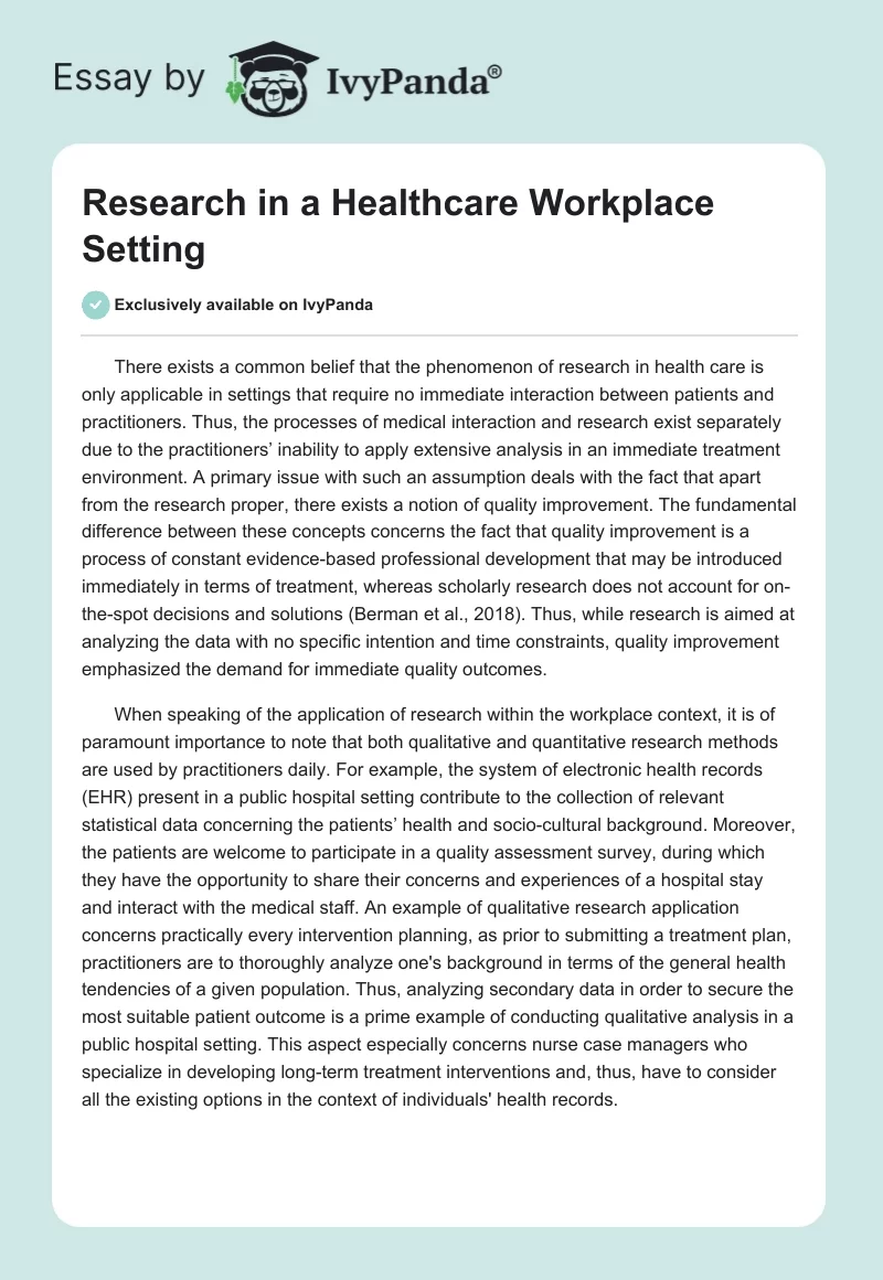 Research in a Healthcare Workplace Setting. Page 1