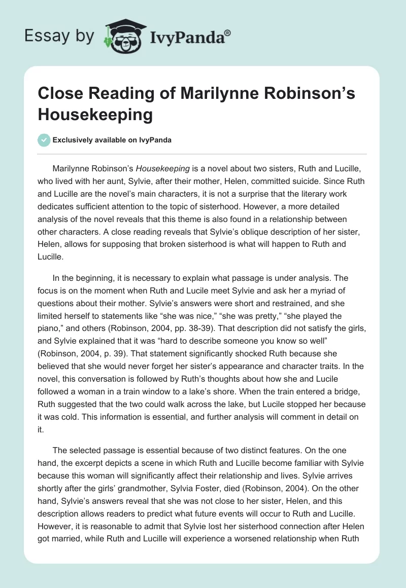 Close Reading of Marilynne Robinson’s "Housekeeping". Page 1