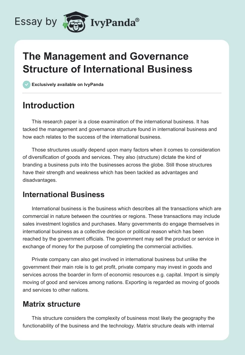 The Management and Governance Structure of International Business. Page 1