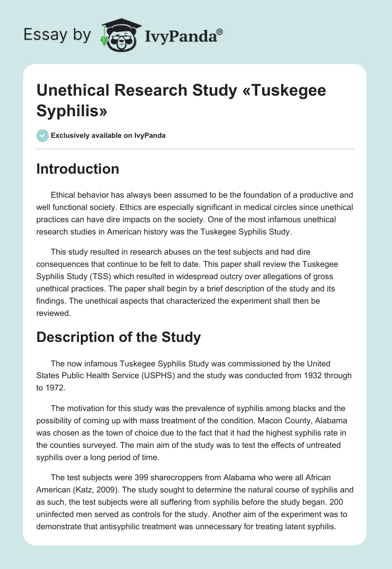Unethical Research Study «Tuskegee Syphilis». Page 1