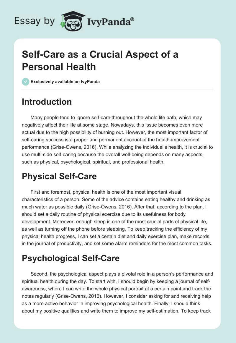 Self-Care as a Crucial Aspect of a Personal Health. Page 1