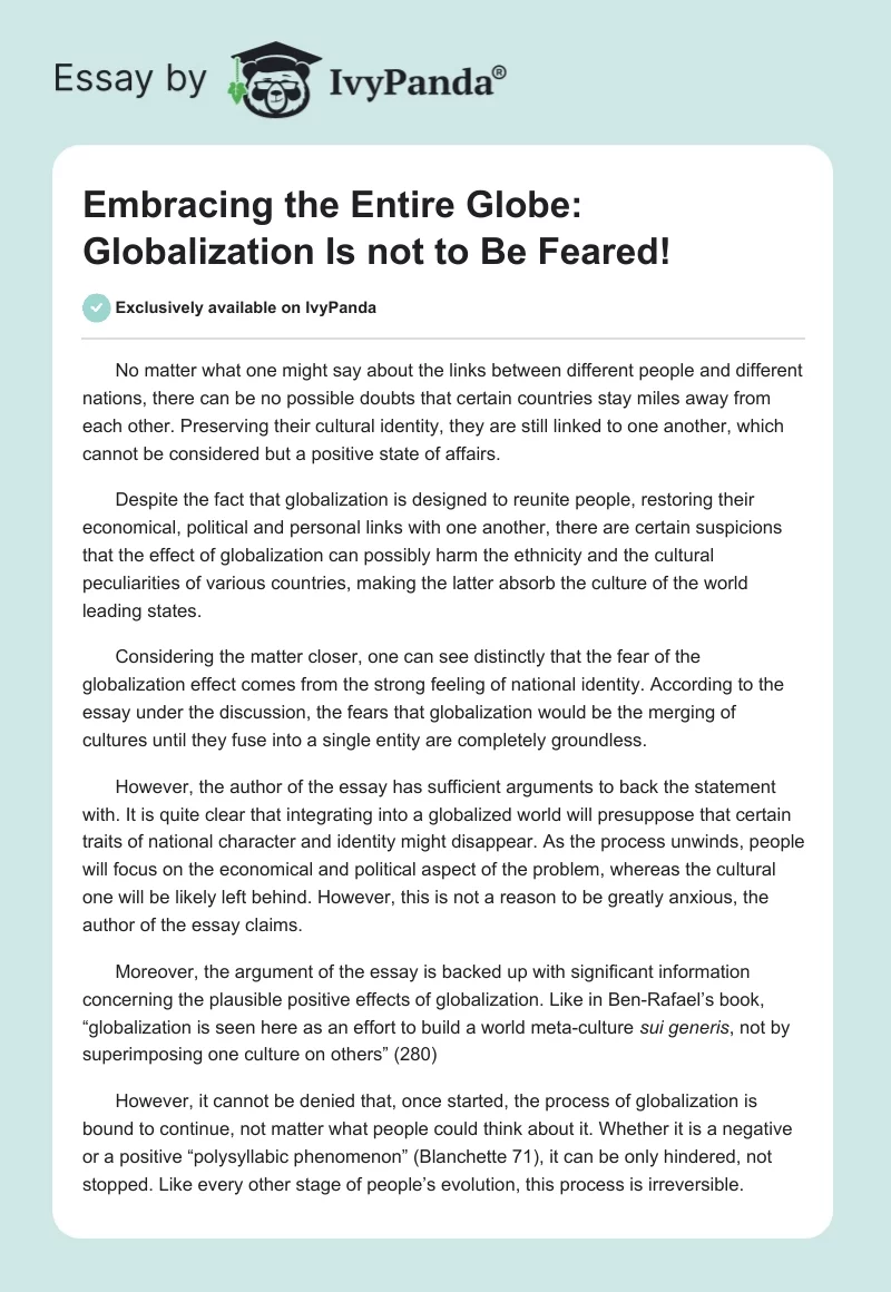 Embracing the Entire Globe: Globalization Is not to Be Feared!. Page 1