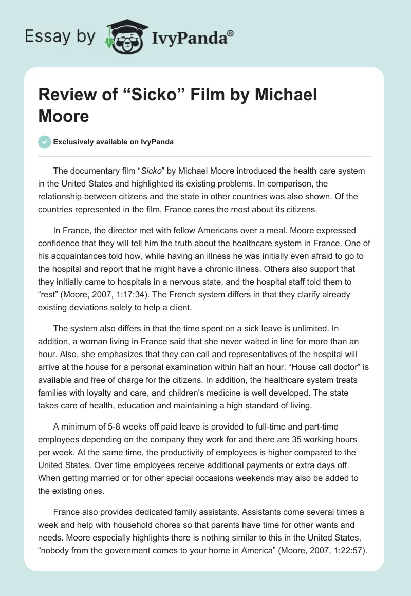 Review of “Sicko” Film by Michael Moore. Page 1