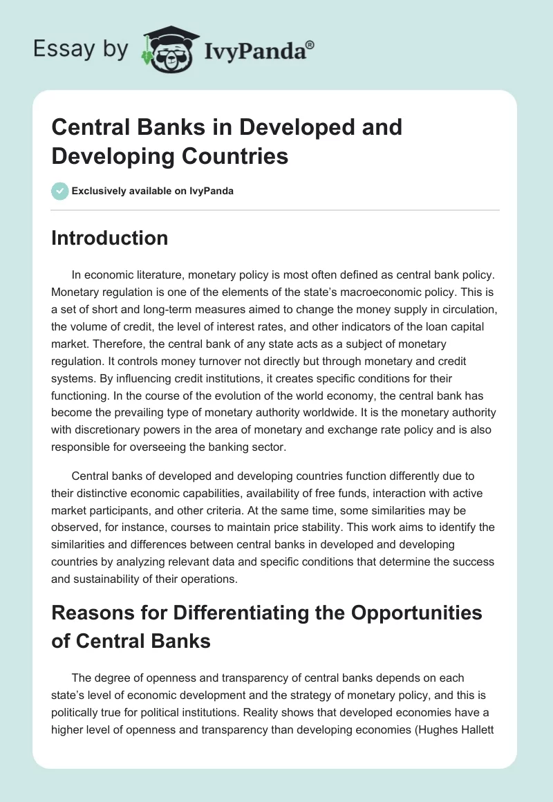 Central Banks in Developed and Developing Countries. Page 1