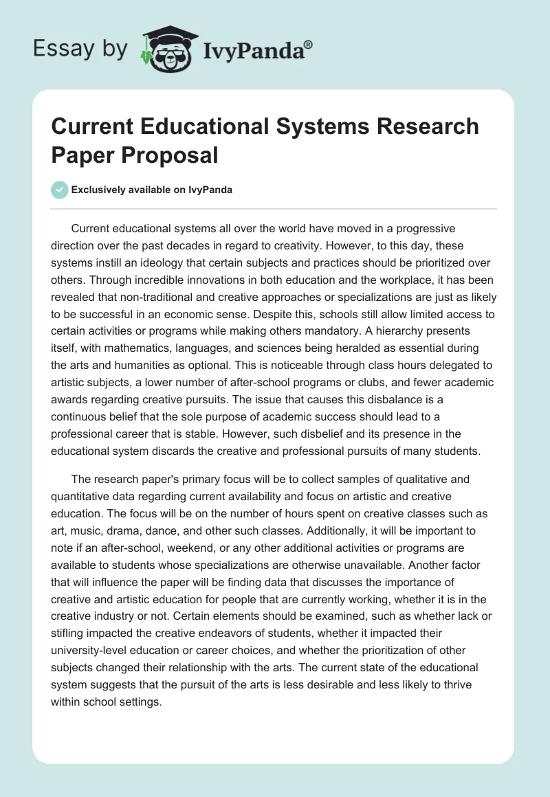 Current Educational Systems Research Paper Proposal. Page 1