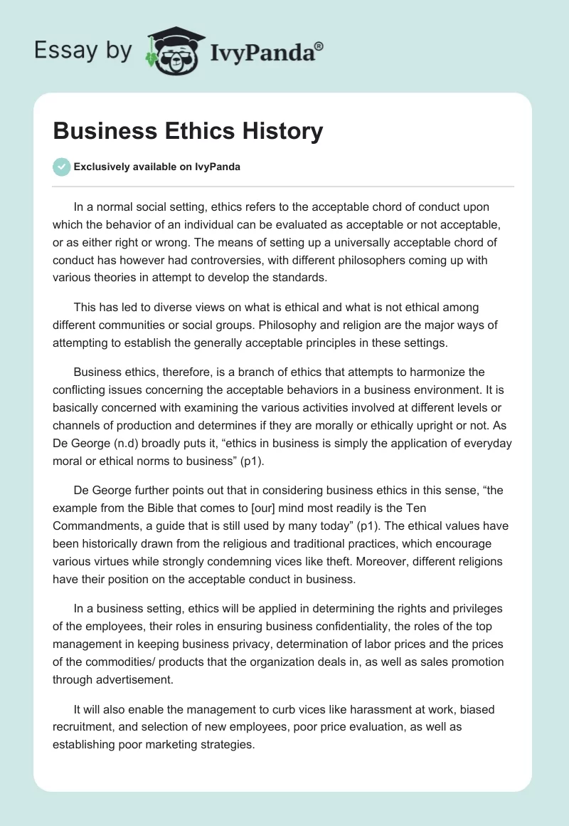 Business Ethics History. Page 1