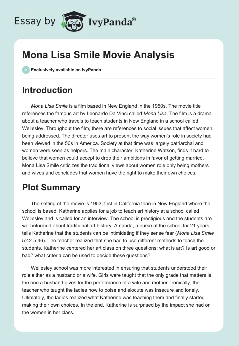 "Mona Lisa Smile" Movie Analysis. Page 1