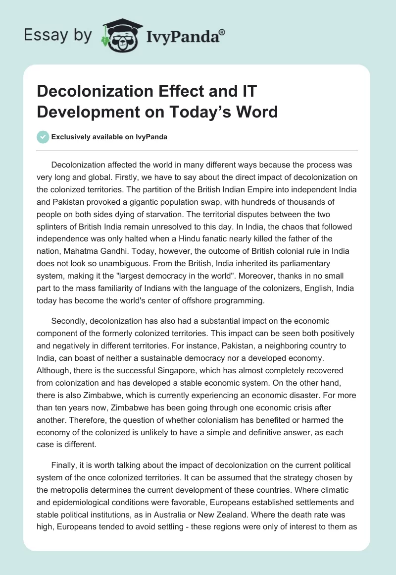 Decolonization Effect and IT Development on Today’s Word. Page 1