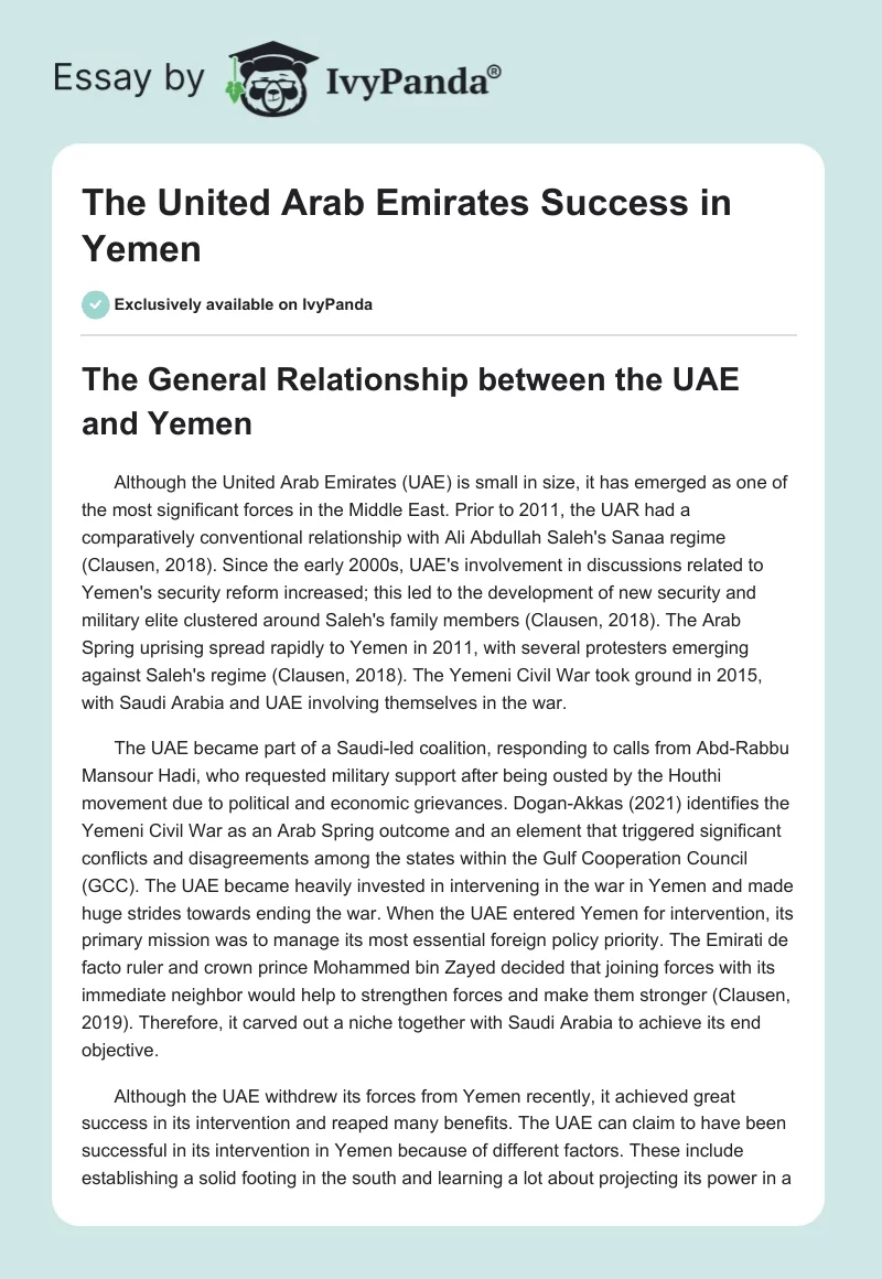 The United Arab Emirates Success in Yemen. Page 1