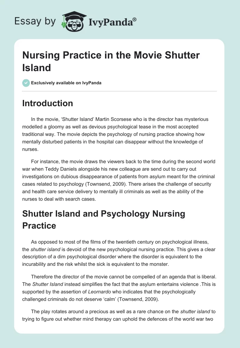 Nursing Practice in the Movie "Shutter Island". Page 1