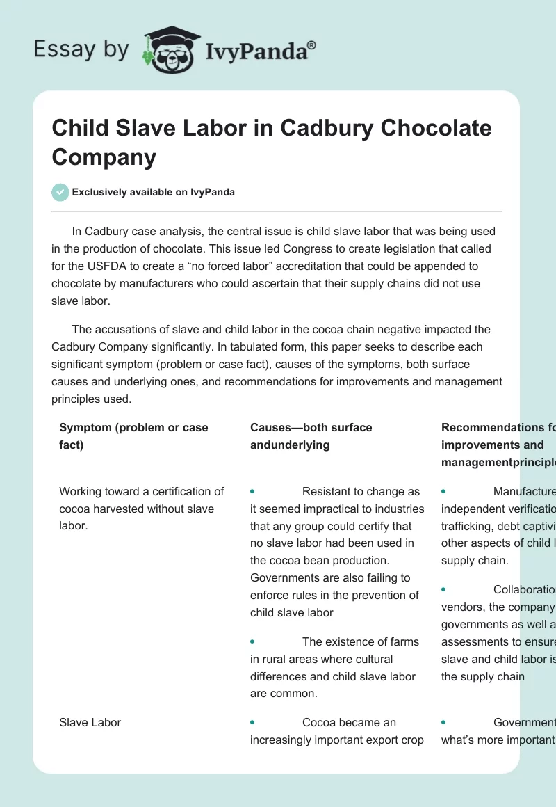 Child Slave Labor in Cadbury Chocolate Company. Page 1