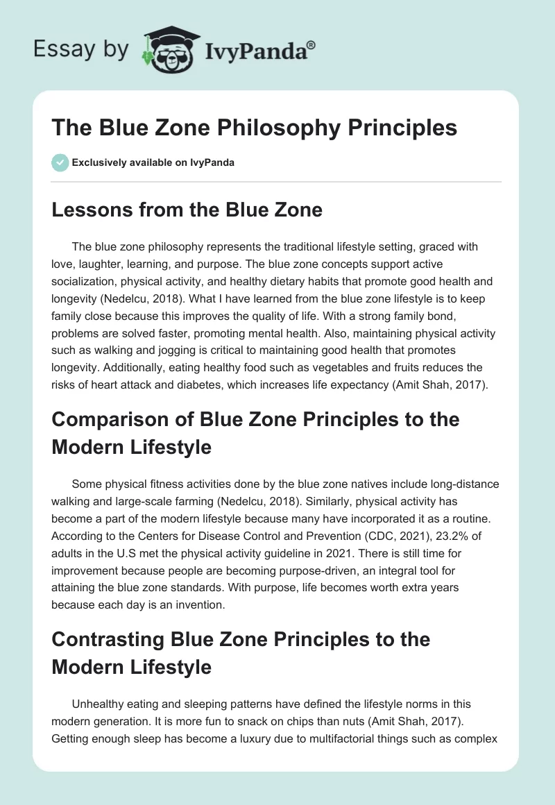 The Blue Zone Philosophy Principles. Page 1