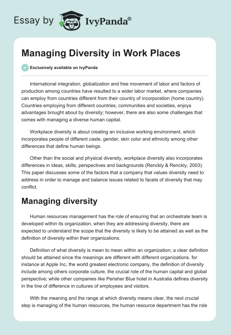 Managing Diversity in Work Places. Page 1