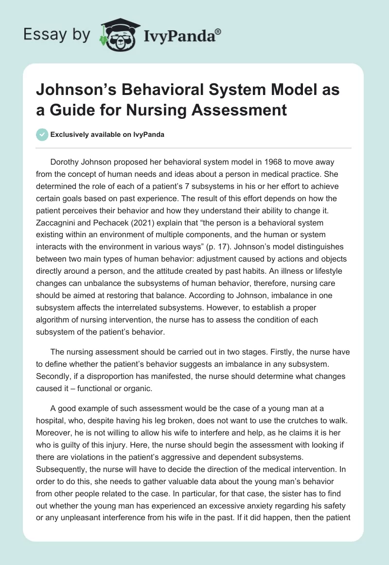 Johnson’s Behavioral System Model as a Guide for Nursing Assessment. Page 1