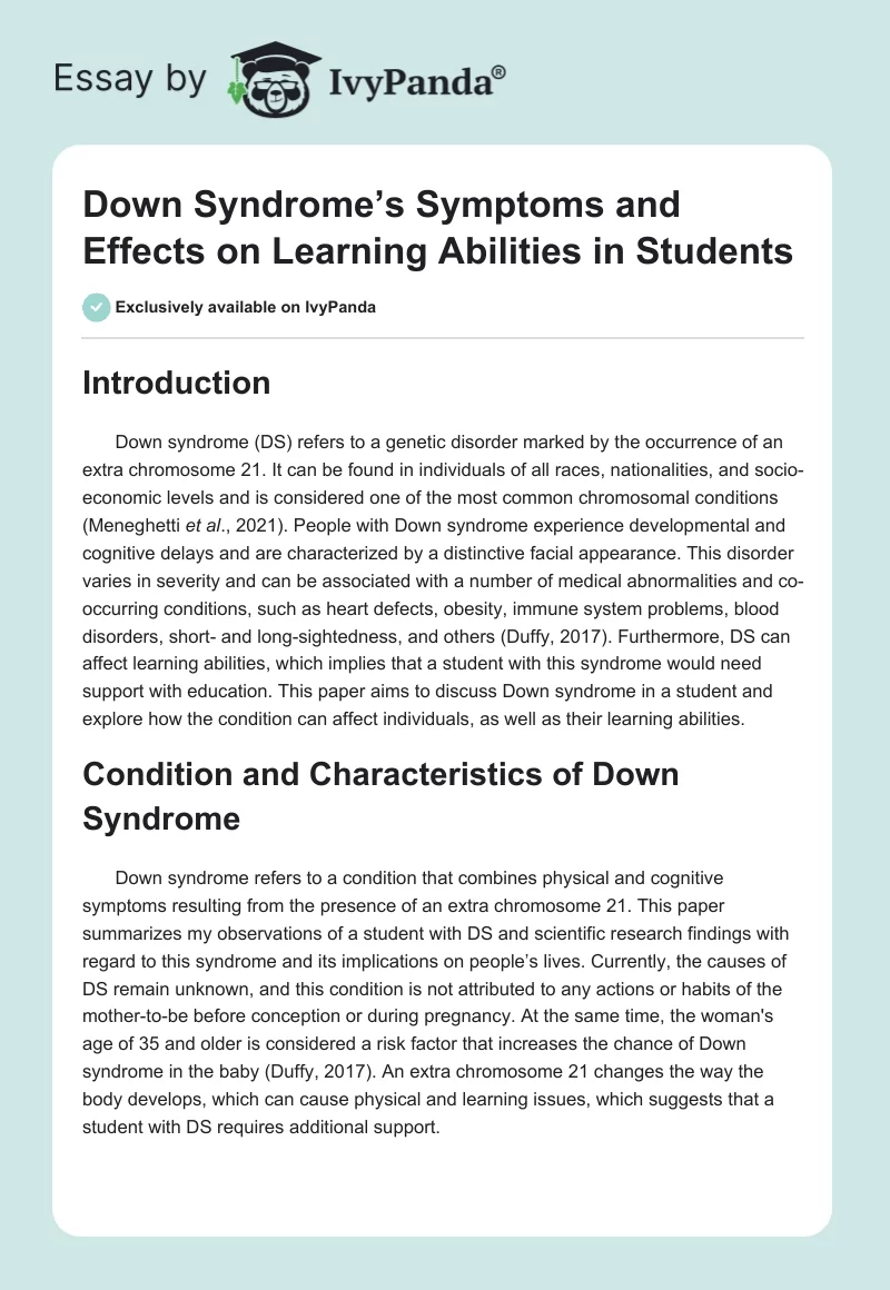 Down Syndrome’s Symptoms and Effects on Learning Abilities in Students. Page 1