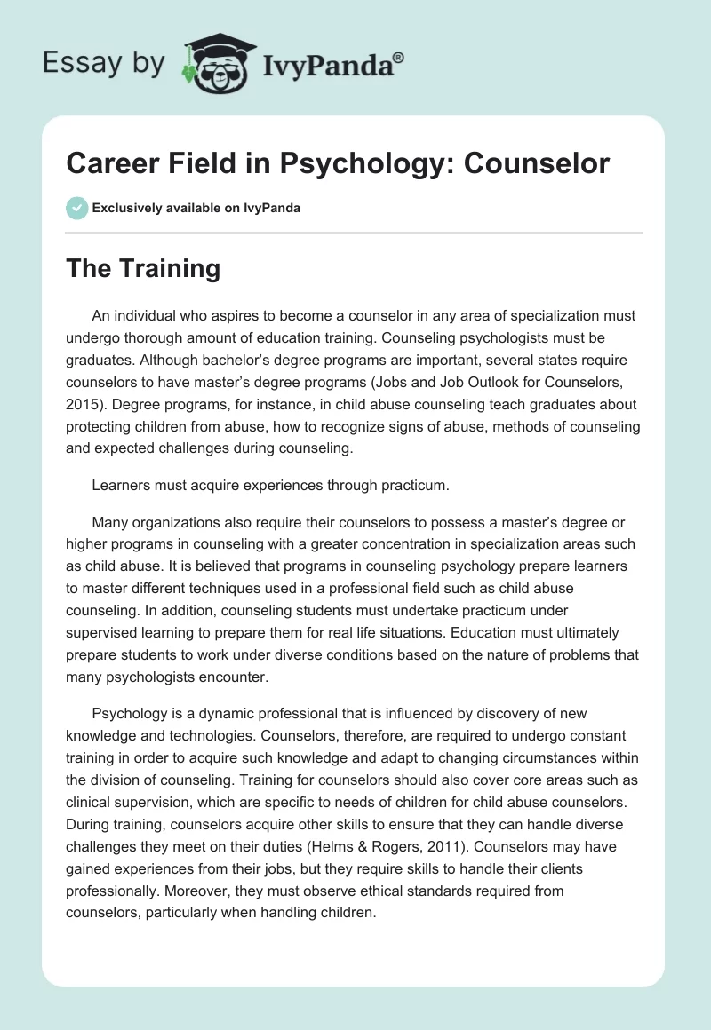 Career Field in Psychology: Counselor. Page 1