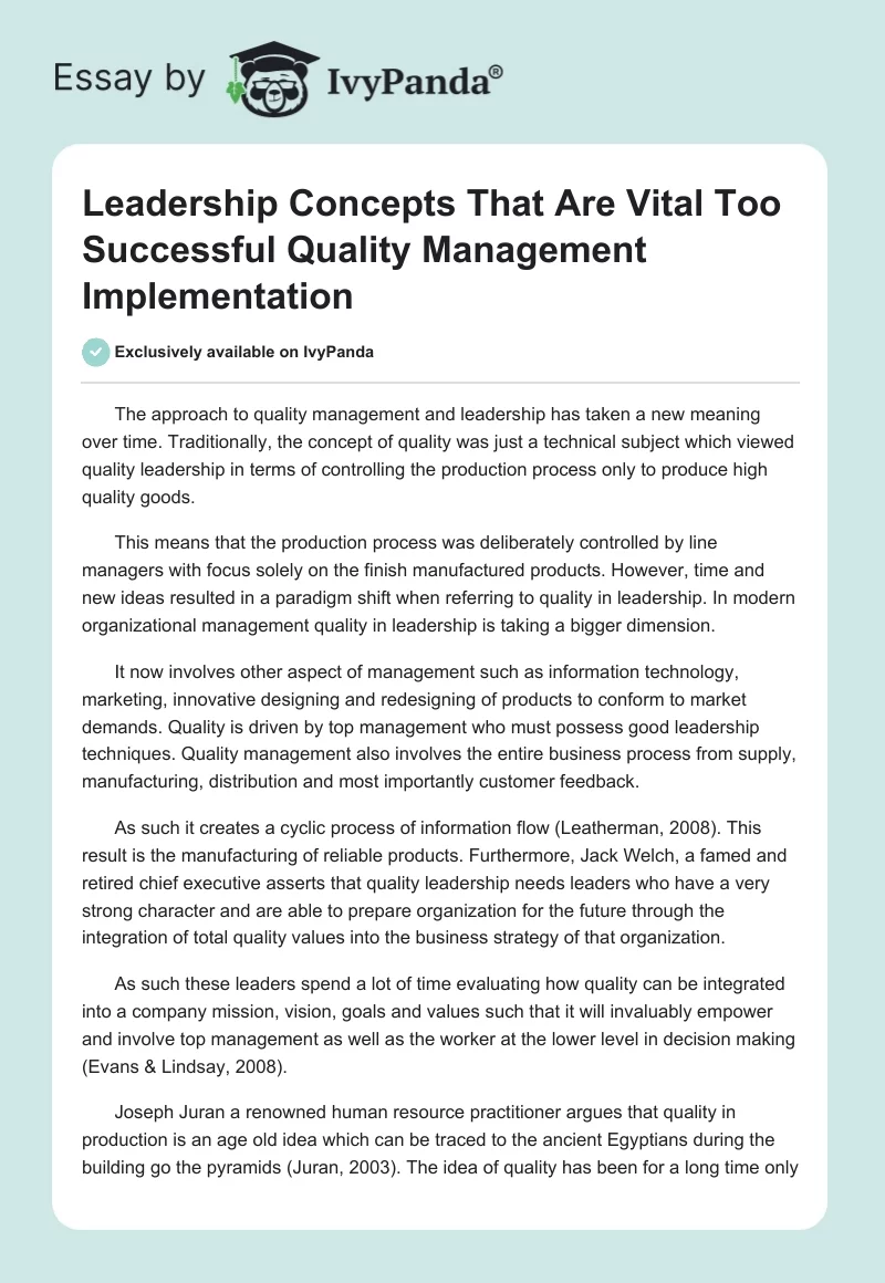 Leadership Concepts That Are Vital Too Successful Quality Management Implementation. Page 1
