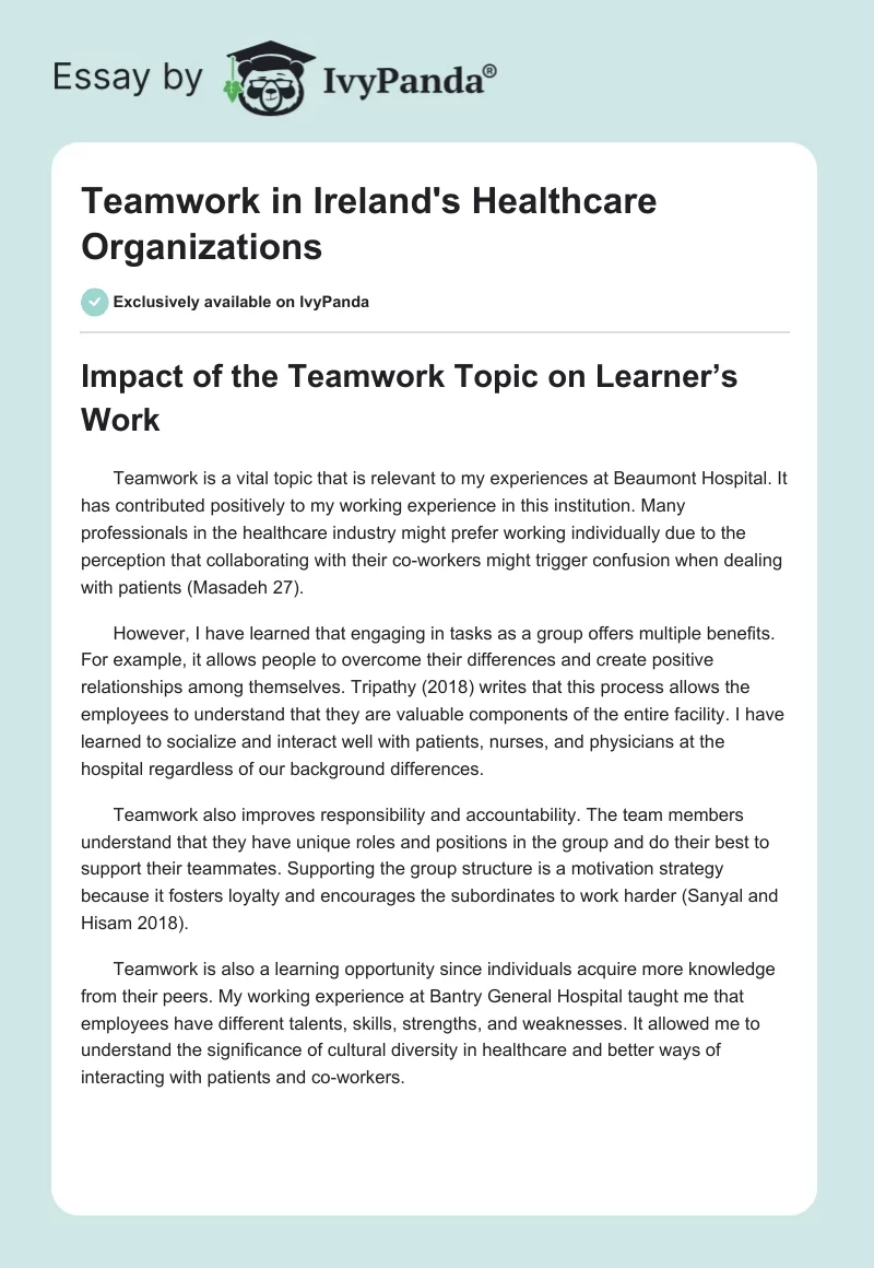 Teamwork in Ireland's Healthcare Organizations. Page 1