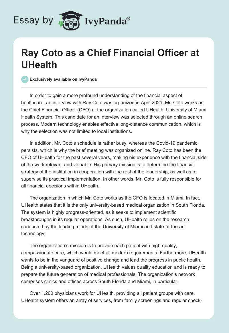 Ray Coto as a Chief Financial Officer at UHealth. Page 1