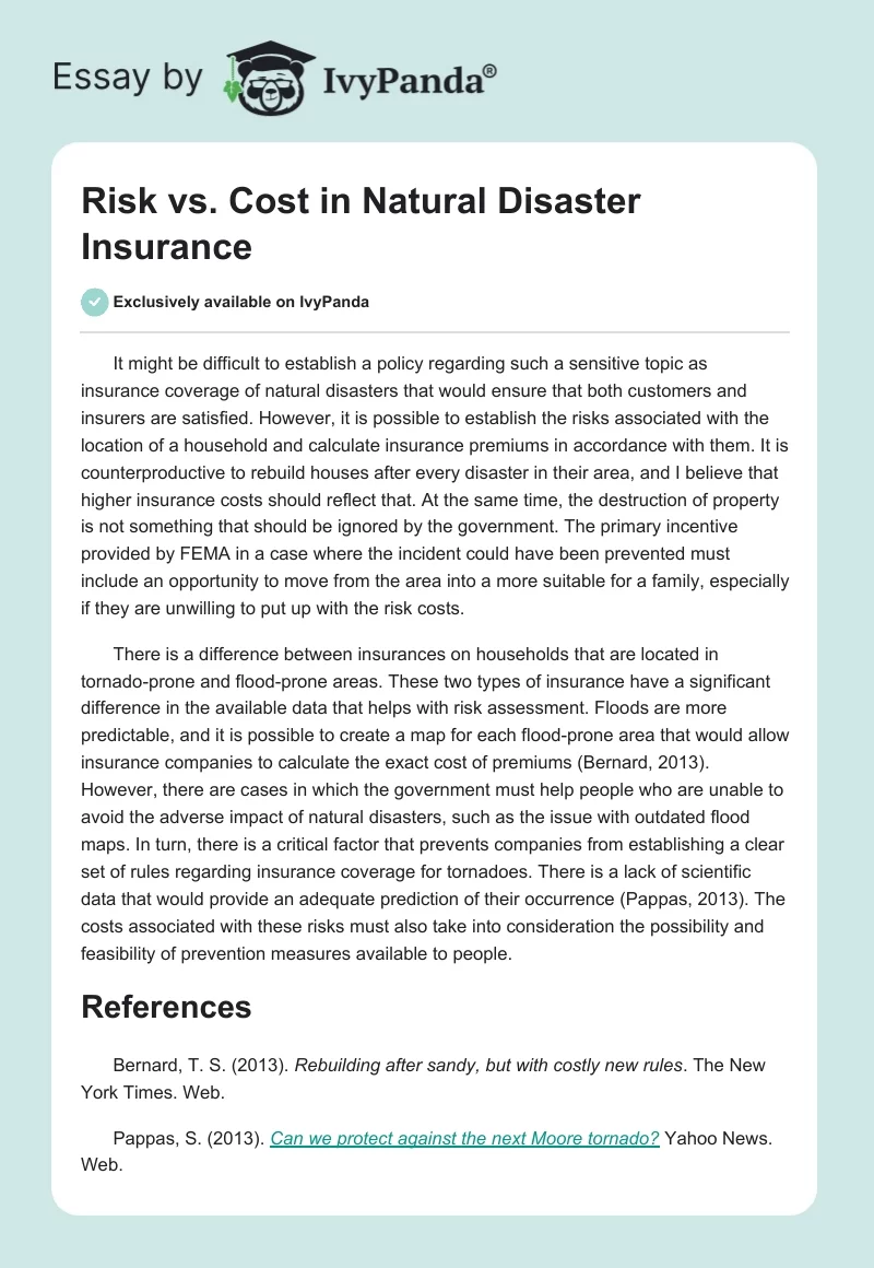 Risk vs. Cost in Natural Disaster Insurance. Page 1