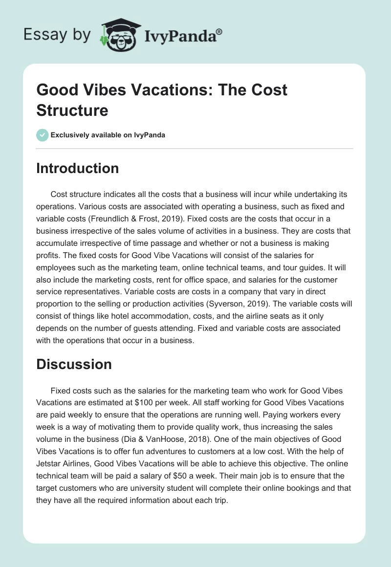 Good Vibes Vacations: The Cost Structure. Page 1