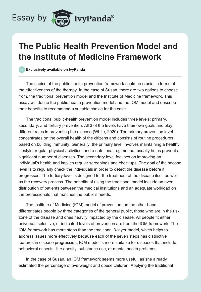 The Public Health Prevention Model and the Institute of Medicine Framework. Page 1