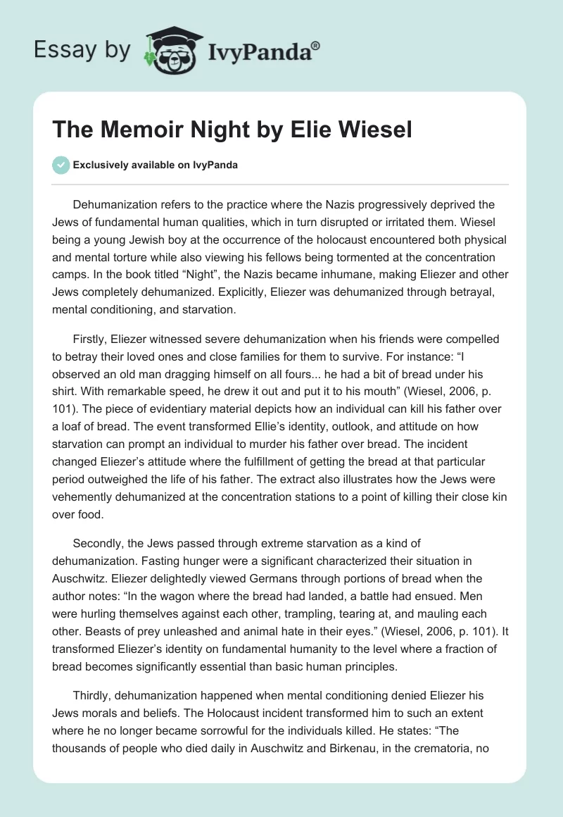 The Memoir "Night" by Elie Wiesel. Page 1