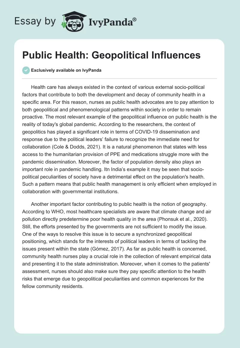 Public Health: Geopolitical Influences. Page 1