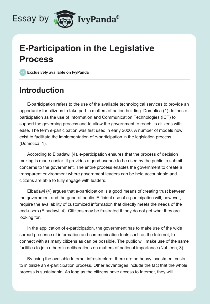E-Participation in the Legislative Process. Page 1