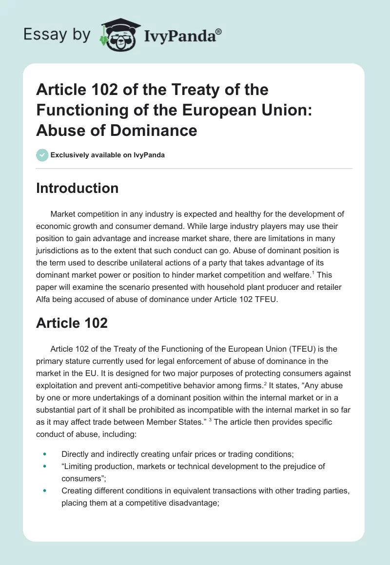 Article 102 of the Treaty of the Functioning of the European Union: Abuse of Dominance. Page 1