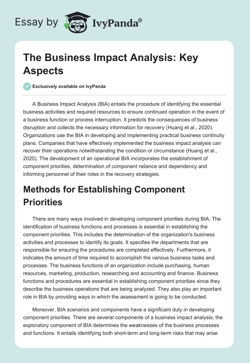 The Business Impact Analysis: Key Aspects. Page 1