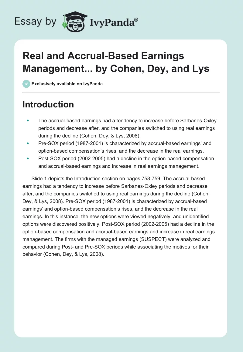 "Real and Accrual-Based Earnings Management..." by Cohen, Dey, and Lys. Page 1