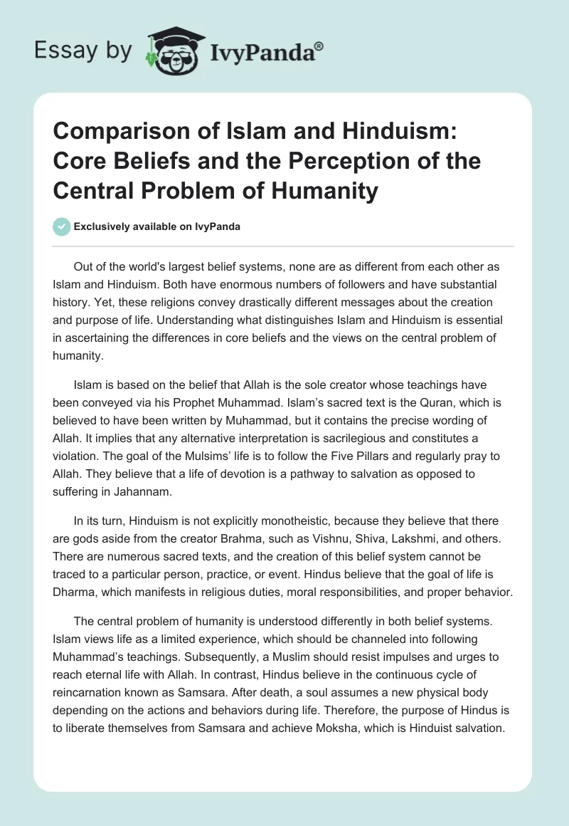 Comparison of Islam and Hinduism: Core Beliefs and the Perception of the Central Problem of Humanity. Page 1