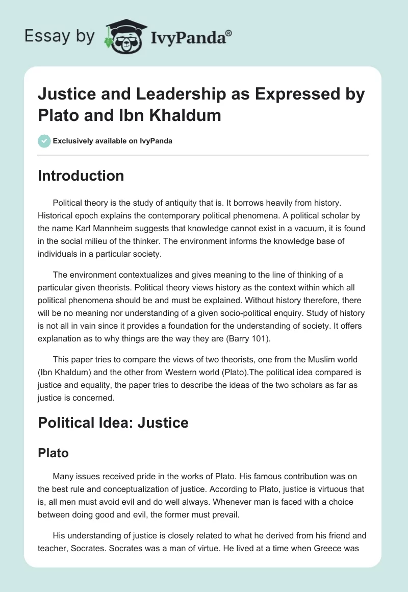 Justice and Leadership as Expressed by Plato and Ibn Khaldum. Page 1
