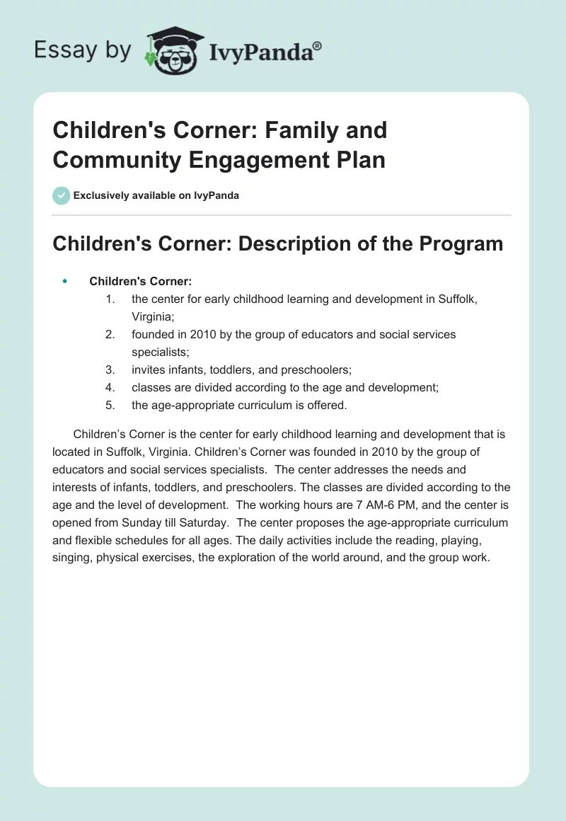 Children's Corner: Family and Community Engagement Plan. Page 1