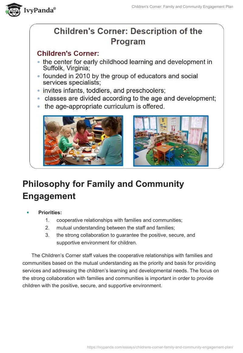 Children's Corner: Family and Community Engagement Plan. Page 2