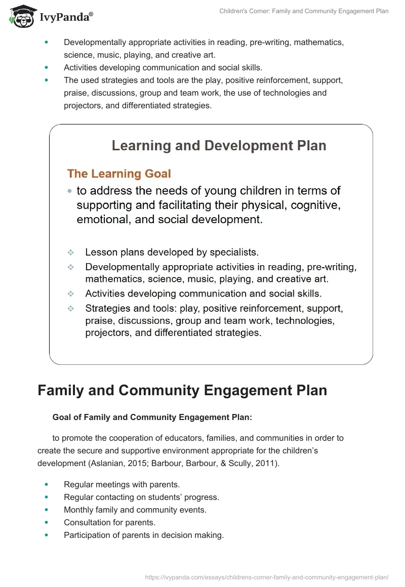 Children's Corner: Family and Community Engagement Plan. Page 5